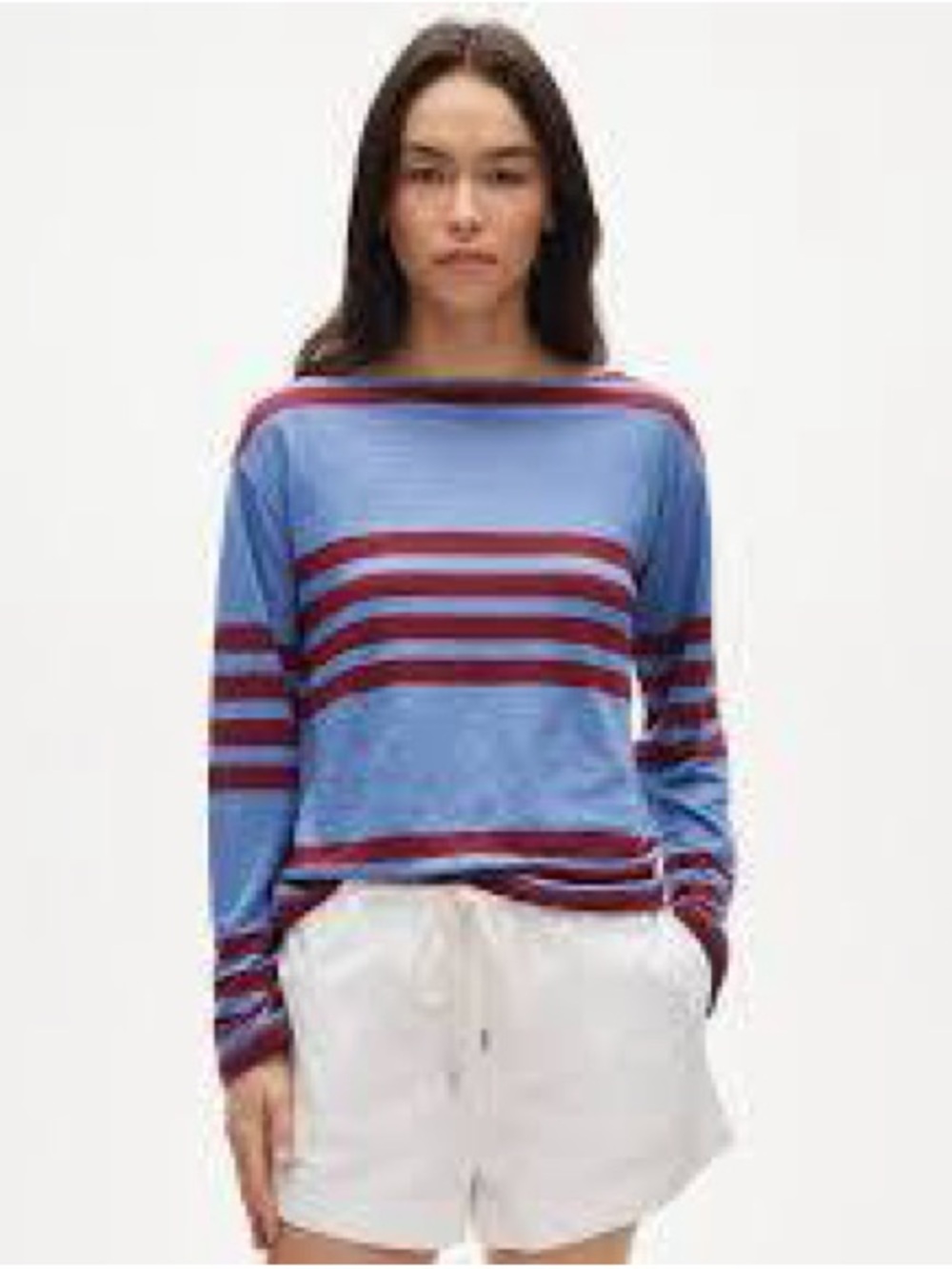 J.Crew Relaxed Boatneck Linen Long-sleeve Top sz Small in Purple Wine Stripe